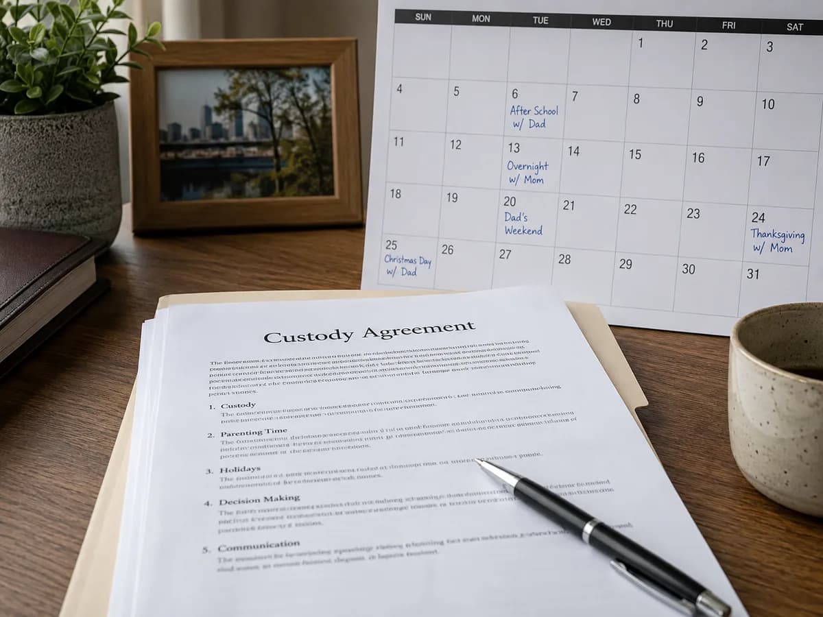 A custody agreement on a desk beside a wall calendar marked with parenting time