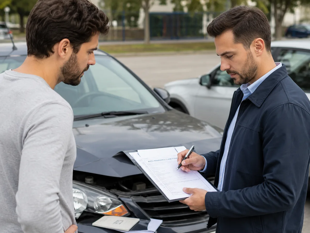 An insurance adjuster filling out a claim form beside a car with front end damage