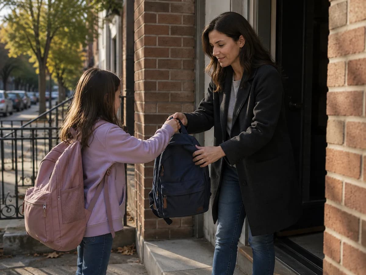 A parent handing a child's backpack over at a front door during a custody exchange