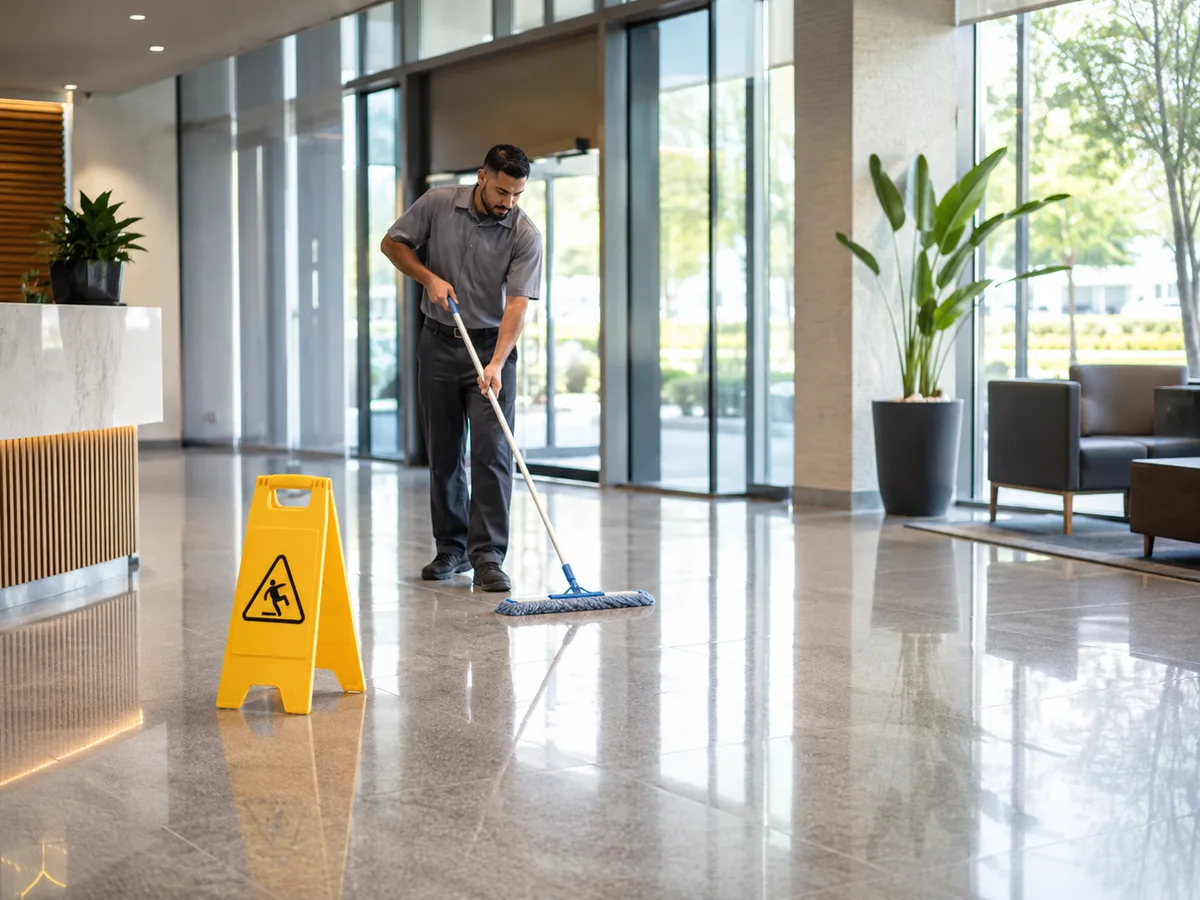 A worker mopping a building lobby floor beside a yellow wet floor sign