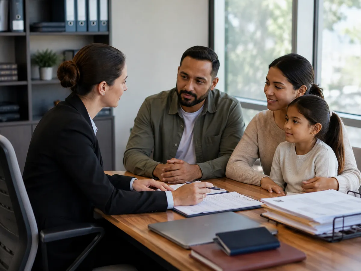 An asylum seeker reviewing her application with an immigration attorney