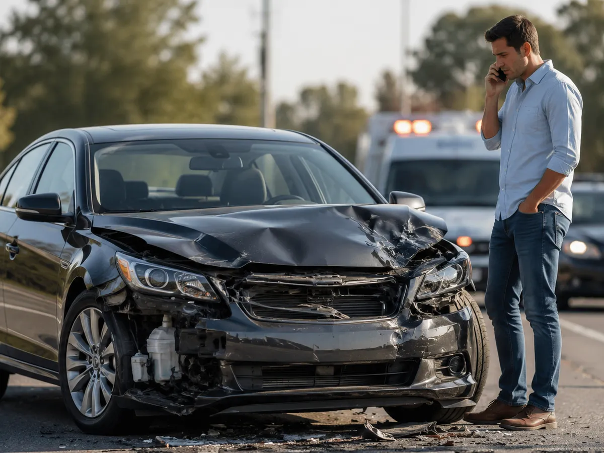 The aftermath of a car accident on a city street