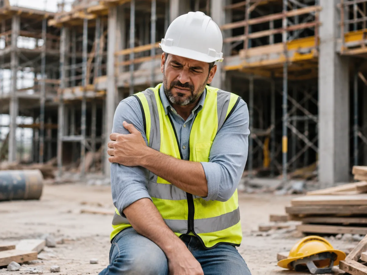 An injured construction worker holding his shoulder at a job site