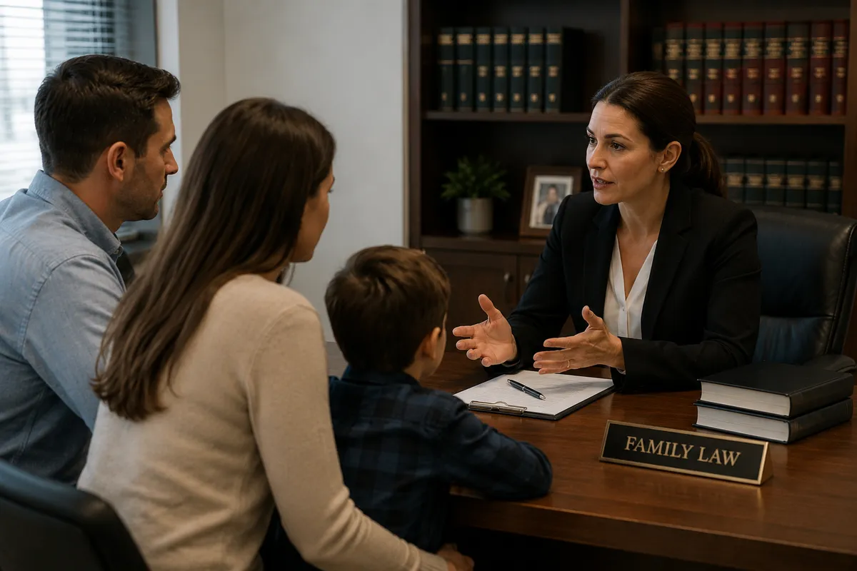 A family law attorney reviewing a case file with a client