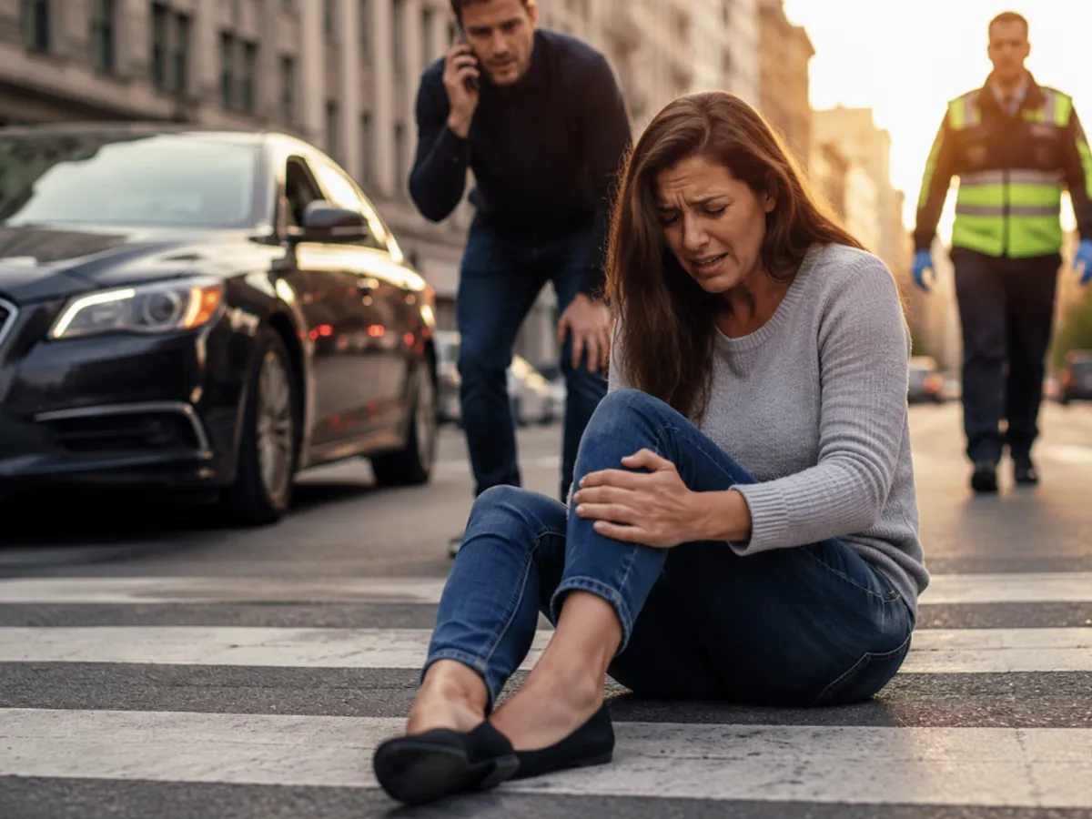 A pedestrian injured in a crosswalk collision waiting for help to arrive