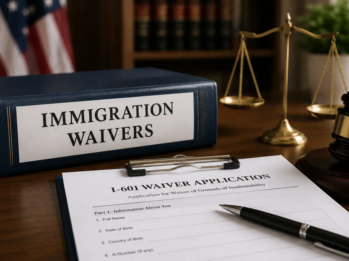 An I-601 waiver application on a desk beside an immigration law volume