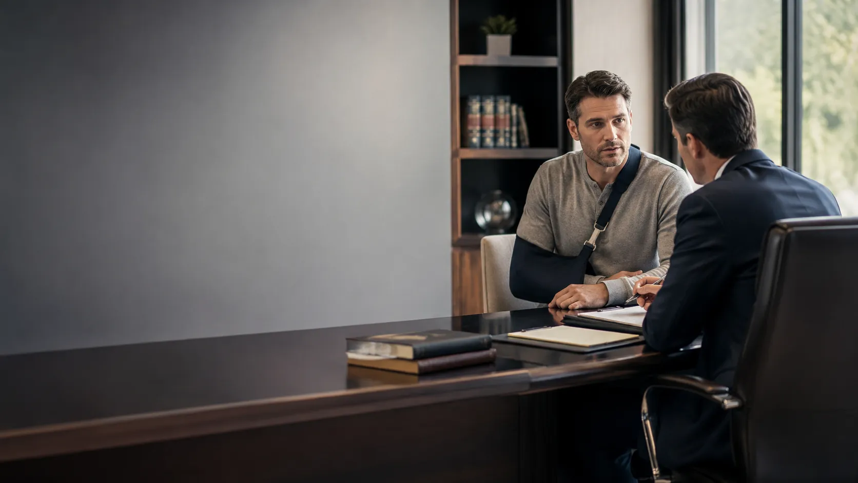 An injured client in an arm sling meeting with a personal injury attorney
