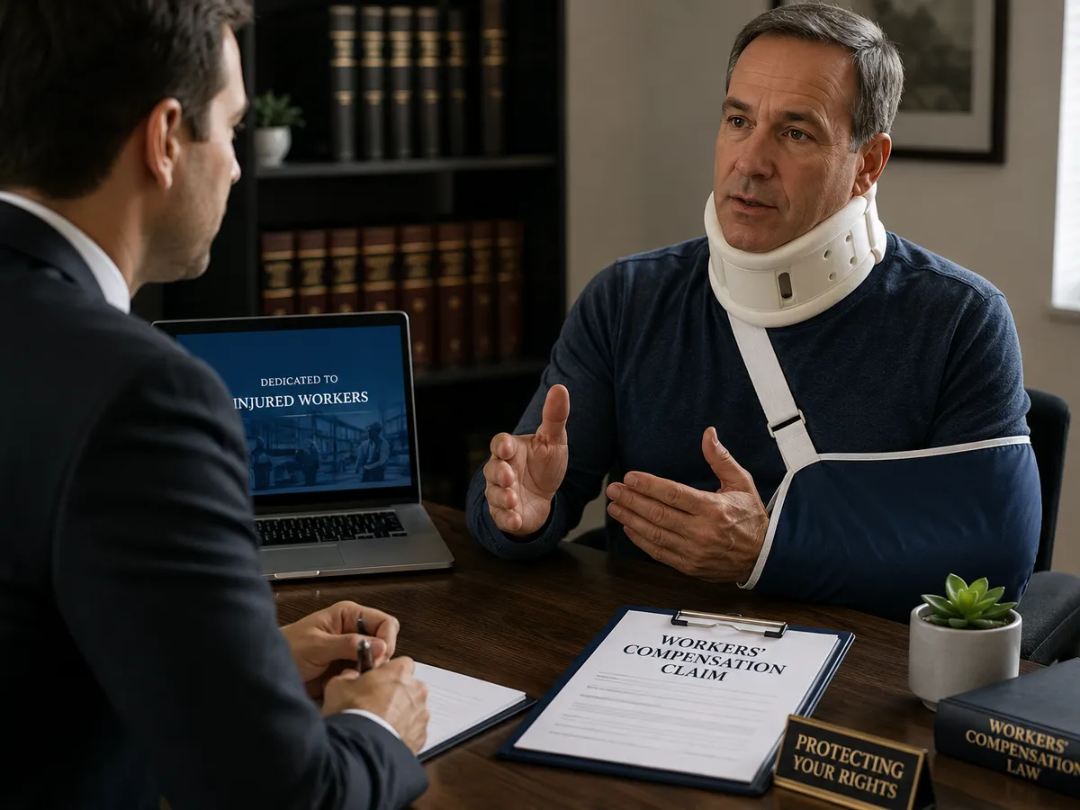 An injured worker in a neck brace and arm sling discussing a claim with an attorney